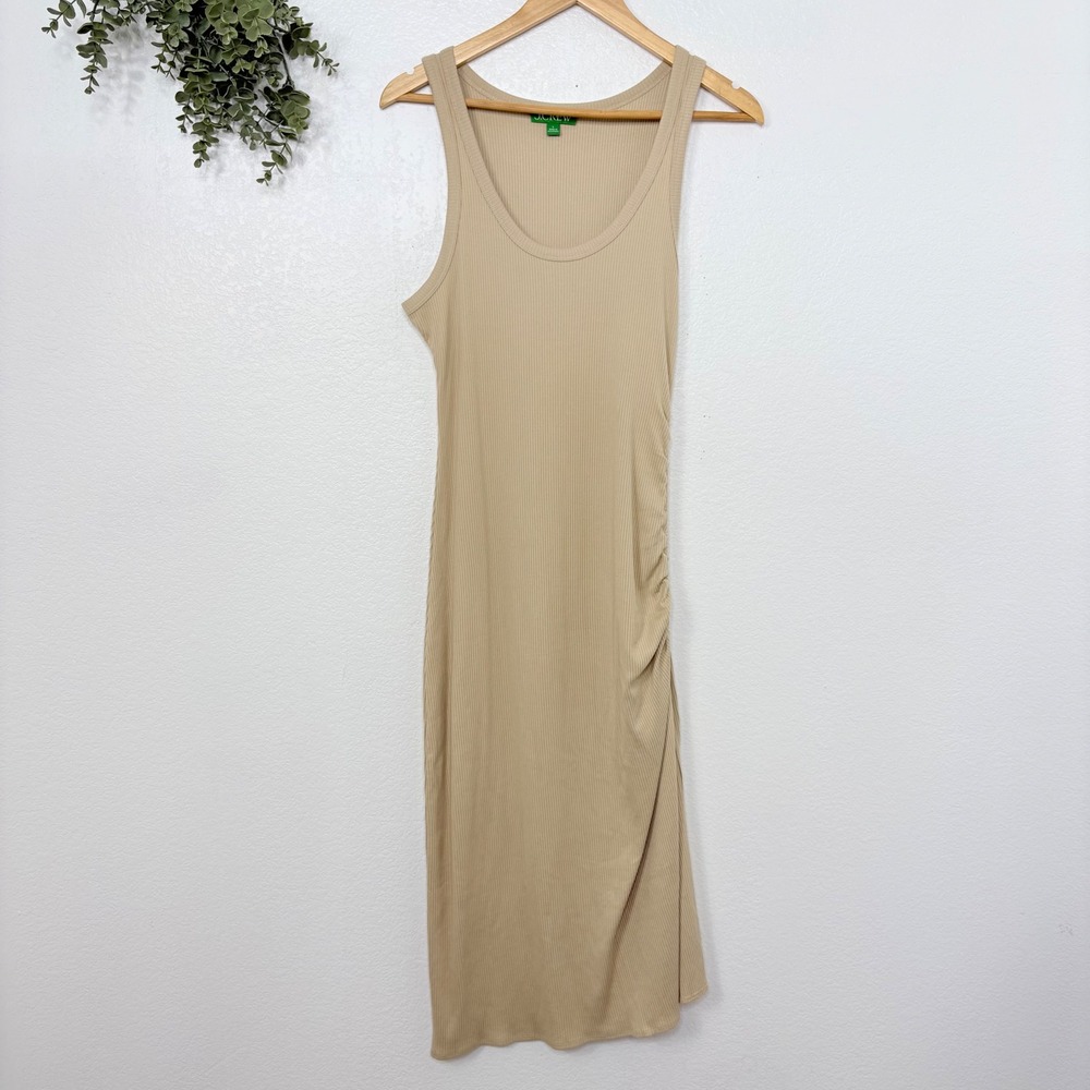 J. Crew Ribbed Tank‎ Dress Tan Midi Ruched Side Sleeveless Women's L